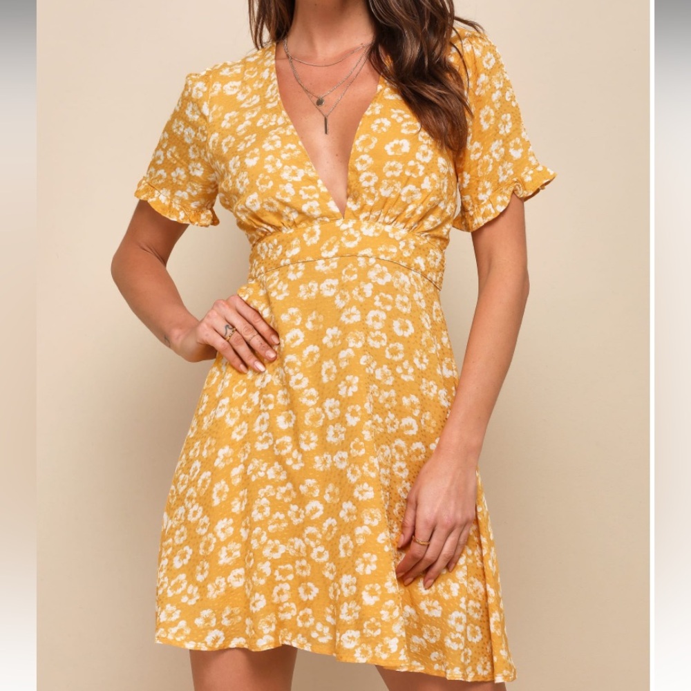 Lulus Mustard Yellow Floral Print Mini Dress